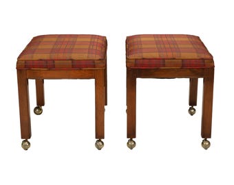 Vintage Plaid Rolling Ottoman Stools: Mid Century Accent Seating Pair