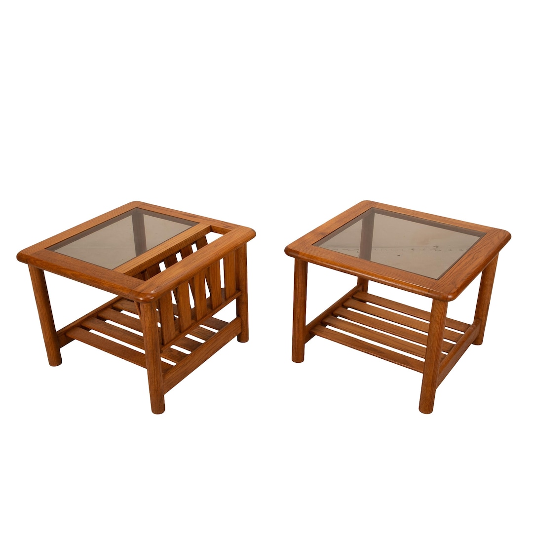 1970's Mersman Solid Oak & Smoked Glass End Tables / Magazine Tables ...