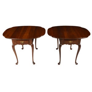 Pair Hitchcock Solid Cherry Drop Leaf Side Tables Queen Anne Style End Tables