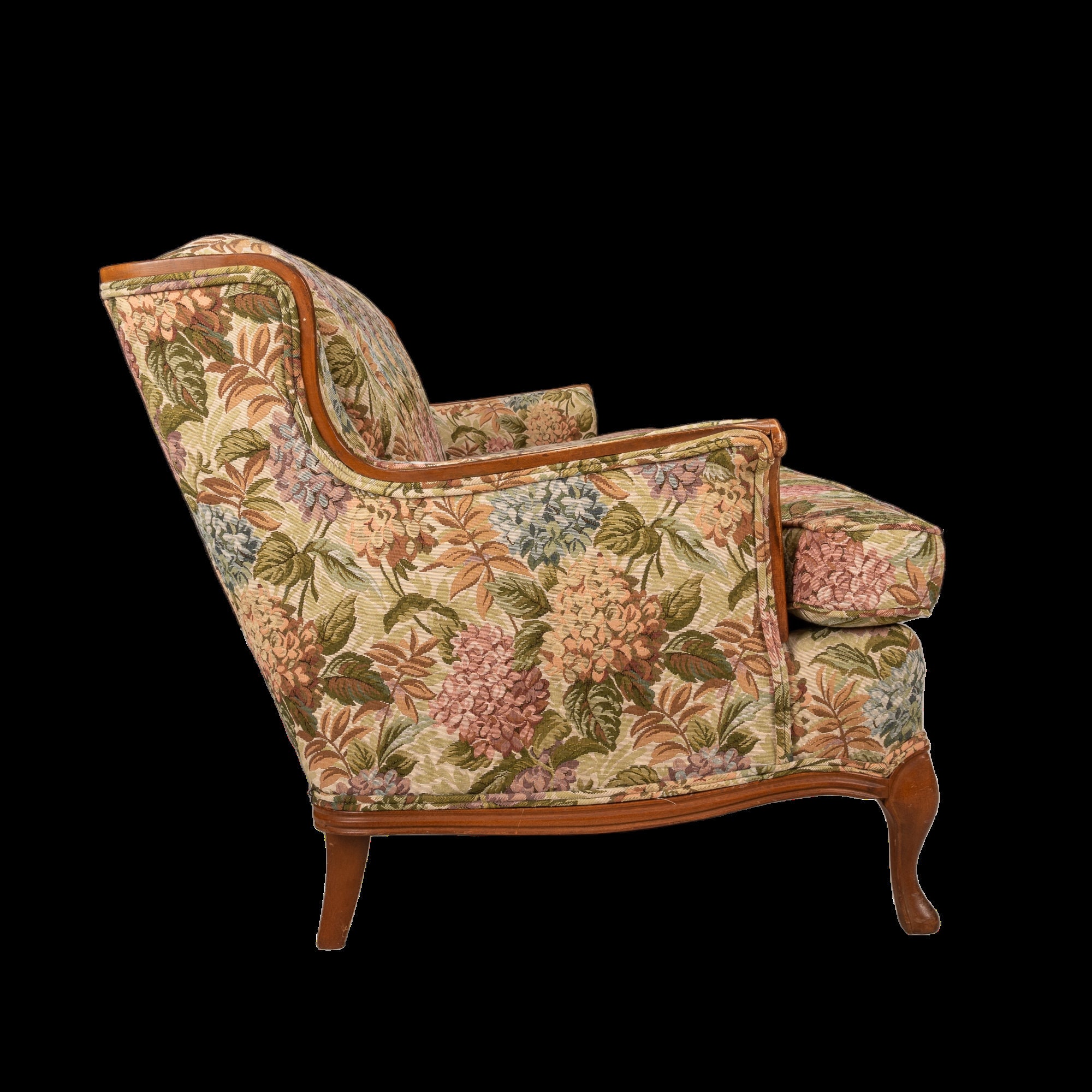 Vintage 1950s French Provincial Tufted Floral Carved Sofa Flower Print