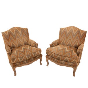 Louis XV Style Chevron Print Brass Studded Bergère Chairs by William Switzer – Pair, Vintage French Style Accent Seating