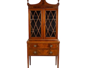 Late 19th Century Flame Mahogany Secretary Desk Bookcase, Antique Drop Front Desk