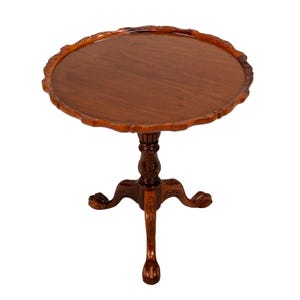 Vintage English Georgian Chippendale Mahogany Pie Crust Tilt Top Tea Card Table , Brass Hardware, Exquisite Detailed Carvings, Elegant Piece