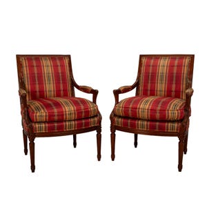 Vintage Henredon for Marshall Fields Plaid Louis LXI Style Lounge Chairs - a Pair , Elegant Side Chairs, Carved Wood, High End Furniture