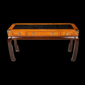Vintage 1970s Bassett Ming Style Asian Sofa Console Table W/ Black Carved Insert , Hollywood Regency Boho
