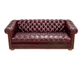 Vintage 1970s Tufted English Chesterfield Style Burgundy Leather Sofa 76"