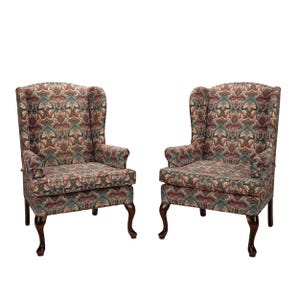 1970s Queen Anne Chippendale Wingback Chairs | Paisley Print Armchair Pair | Vintage Accent Seating Traditional Style USA Shipping Available