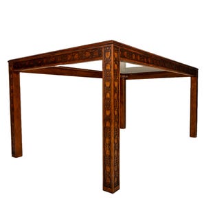 1970s Drexel Heritage Chinese Chippendale Style Carved Wood Glass Top Dining Table , Unique Beautiful Carving Detail Work