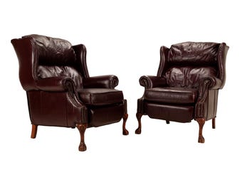 Vintage Burgundy Leather Wingback Recliner Pair: Barcalounger