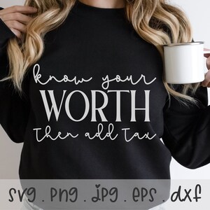Know Your Worth Then Add Tax SVG/PNG/JPG, Inspirational Saying Sublimation Design Eps Dxf, Motivational Empowering Self Love Commercial Use