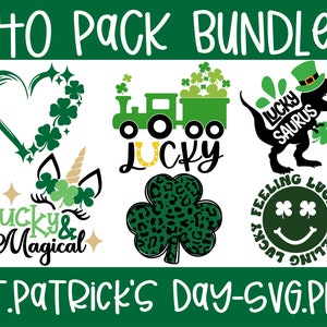 May include: A set of 40 St. Patrick's Day SVG and PNG digital files featuring various designs, including a heart with shamrocks, a unicorn with shamrocks, a truck with shamrocks, a dinosaur with shamrocks, a clover with a leopard print, and a smiley face with shamrocks. The text "Lucky & Magical", "Lucky", "Lucky Saurus", and "Feeling Lucky" is included in the designs.
