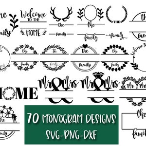Puede incluir: Un conjunto de 70 diseños de monogramas en blanco y negro para proyectos de manualidades. Los diseños incluyen coronas, corazones, cuernos de ciervo y las palabras "the family", "home", "Mr. & Mrs." y "Welcome to our home".