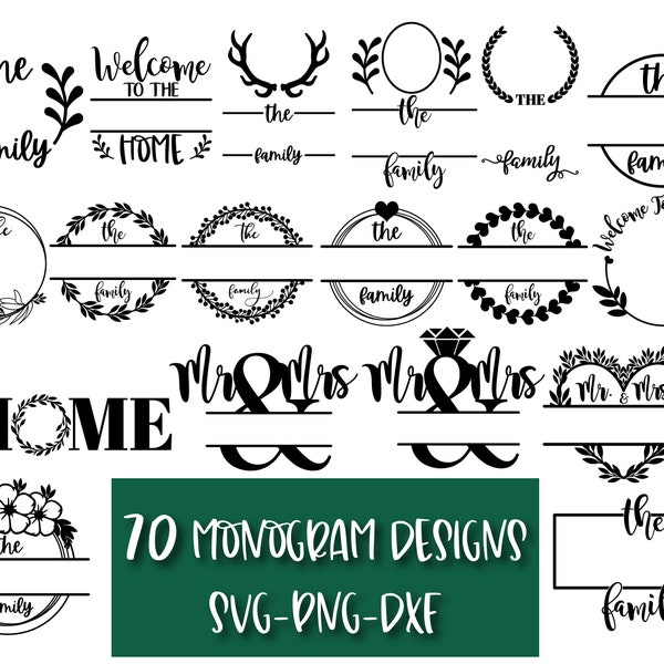 70 Family Name Monogram Big Bundle SVG/PNG/DXF, Floral Split Wedding Mr Mrs Frame Monogram Sublimation Design, Love Farmhouse Commercial Use