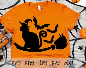 Witch Black Cat SVG/PNG/JPG, Happy Cute Funny Halloween Bat Sublimation Design Eps Dxf, Flying Witches Broom Kids Baby Commercial Use File