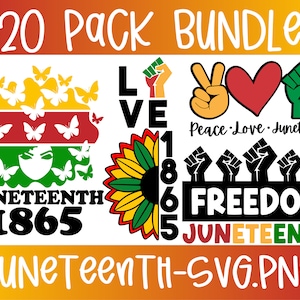 以下が含まれることがあります： Juneteenthのデザインをフィーチャーした20個のSVGとPNGファイルのデジタルダウンロード。デザインには、ひまわり、蝶、ハート、拳、そして「Juneteenth 1865」、「Love」、「Peace」、「Freedom」、「Juneteenth」のテキストが含まれています。