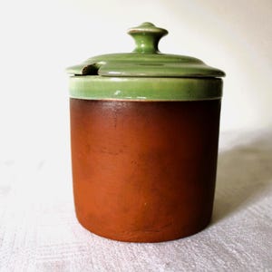 S. ANTIQUE 1960s Glazed Earthenware Storage Vessel Lid – Unique Two-Tone Clay and Green Finish – Handcrafted Collectible Kitchen Accent