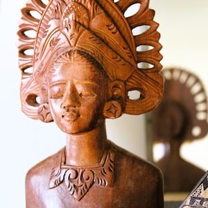 1960s Balinese Wood Carving: Antique Indonesian Goddess Sculpture