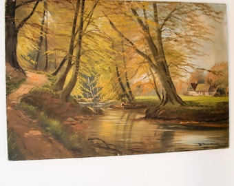ヴィンテージの秋の風景画、フランスの油絵の森、秋の木々の絵画、1980