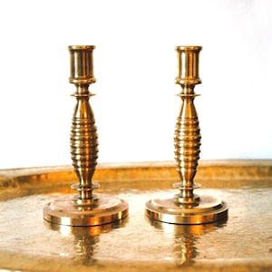 ANTIQUE 1920s Pair of Heavy Antique Solid Brass Candlestick Holders, Antique Brass Candlesticks. ART DECO Scandinavian decor nordic japandi