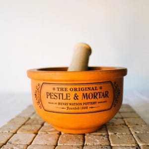 Vintage Henry Watson Terrakotta mortelstöt och mortel: Engelskt köksredskap