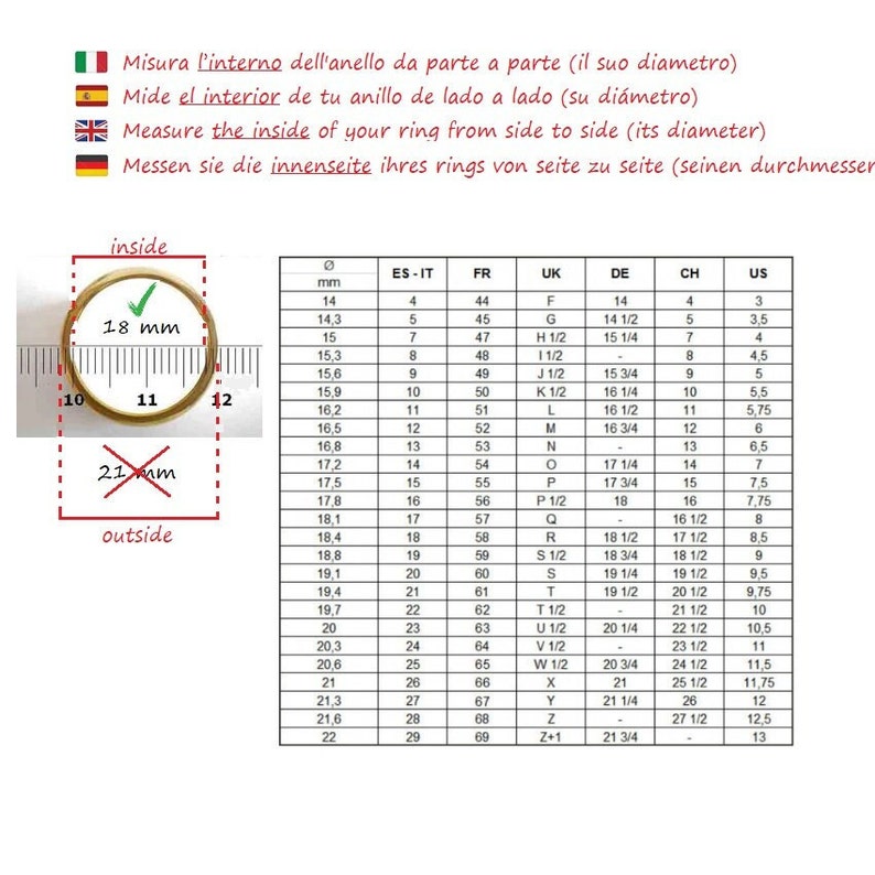 May include: Image shows a ring measurement guide with a ring measuring 18 mm inside diameter. The guide includes a chart for ring sizes in various international systems, including US sizes 3 to 13.