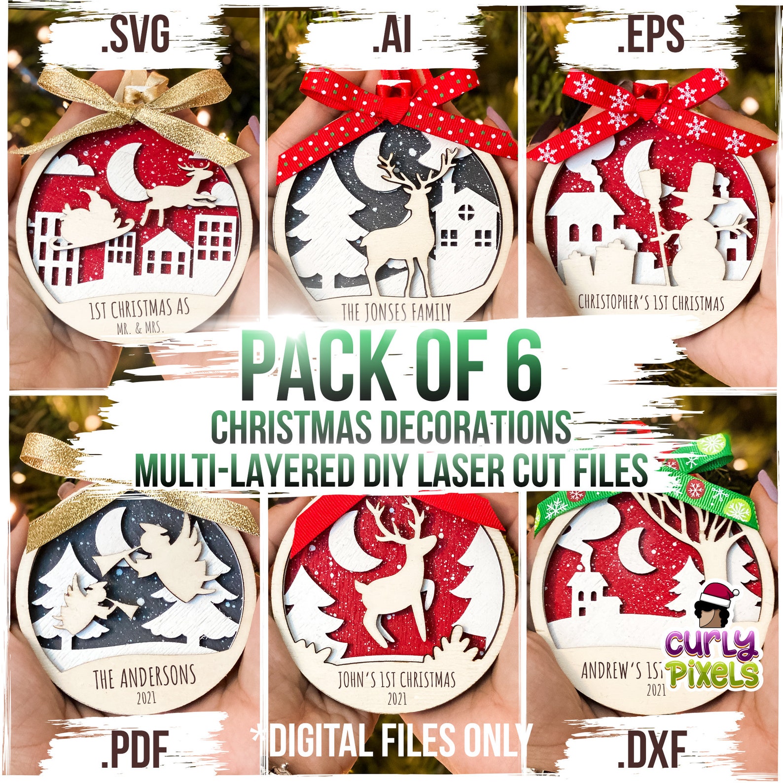 Set of Six 3 Layers Christmas Ornaments SVG Bundle, Laser Cut File