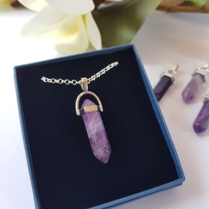 Amethyst Crystal Pendant Necklace Silver Plated Jewellery in Gift Box