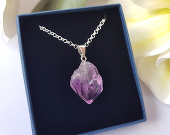 Raw Amethyst Pendant Necklace Healing Crystal Silver Plated Jewellery in Gift Box