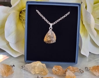 Raw Citrine Pendant Necklace Healing Crystal Silver Plated Jewellery in Gift Box