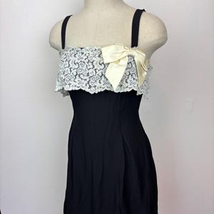 Vintage 60s Women&#39;s Black Strap Party Dress with White Lace and Bow Women&#39;s Small