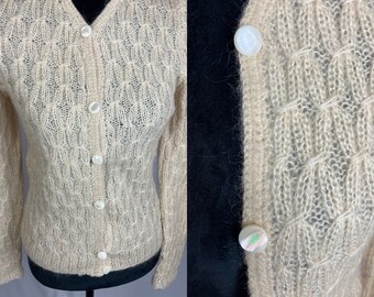 1960s Hand Knit Blush Mohair Cardigan with Large Pearlescent Shank Buttons. Size M