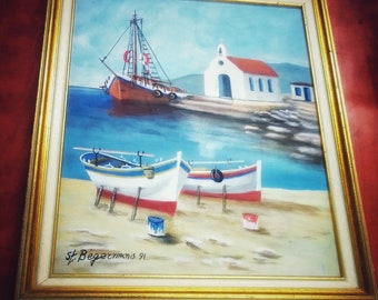 Oil painting old fishing harbour of Myconos Stathis Vergemanis on canvas.