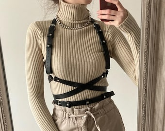 Chest real leather harness for women with waist criss cross belt