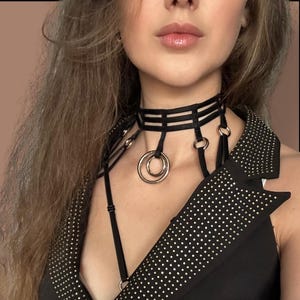 Breast harness strappy lingerie top for women with wide choker, elastic body rave harness for deep cleavage bra tops, cleavage necklace