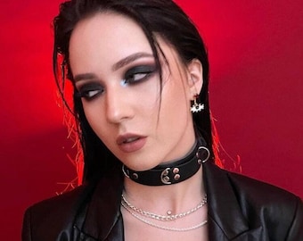 Wide Genuine Leather Choker Collar: Black Metal Accent Necklace