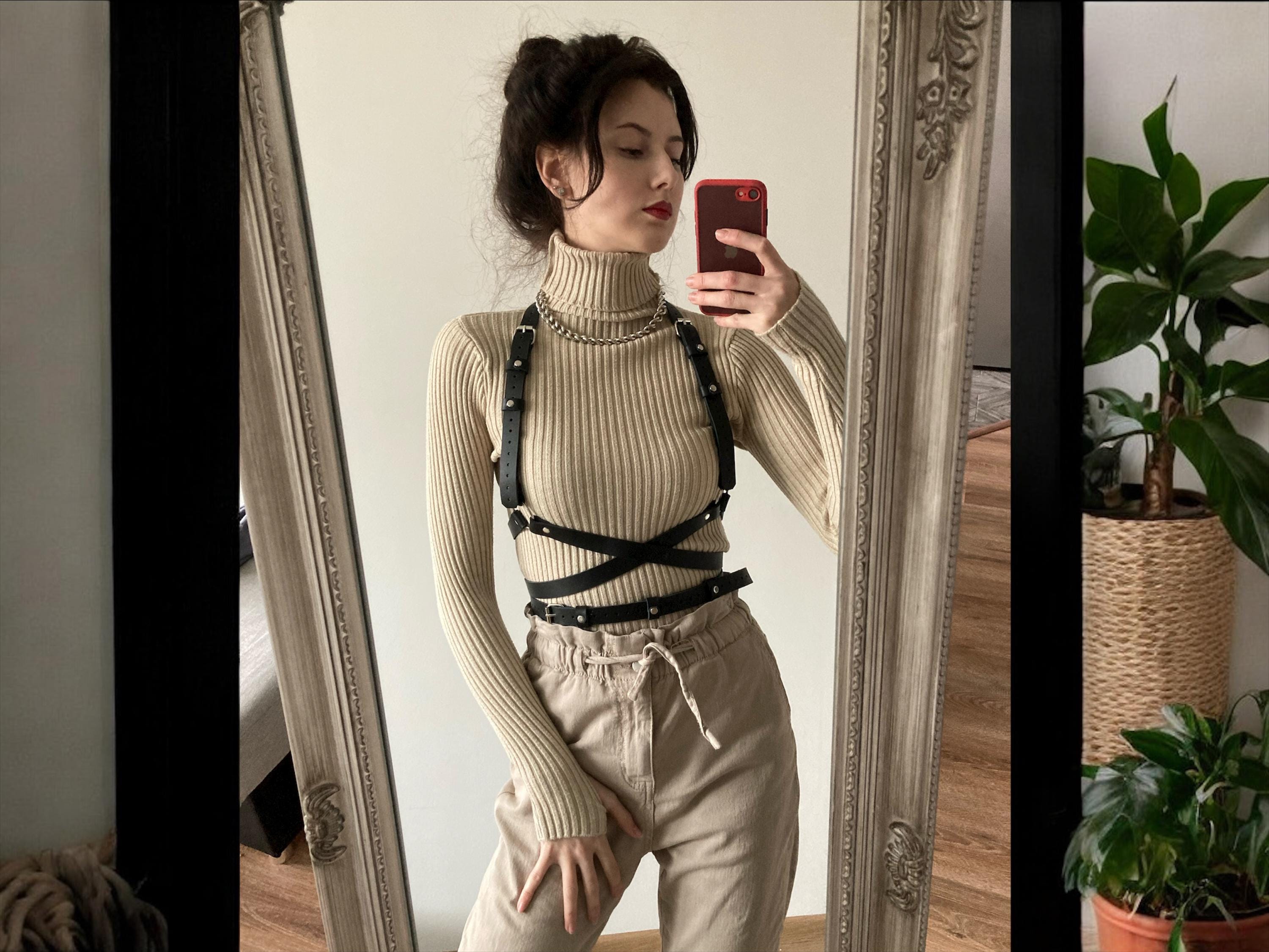 Chest real leather harness for women with waist criss cross belt
