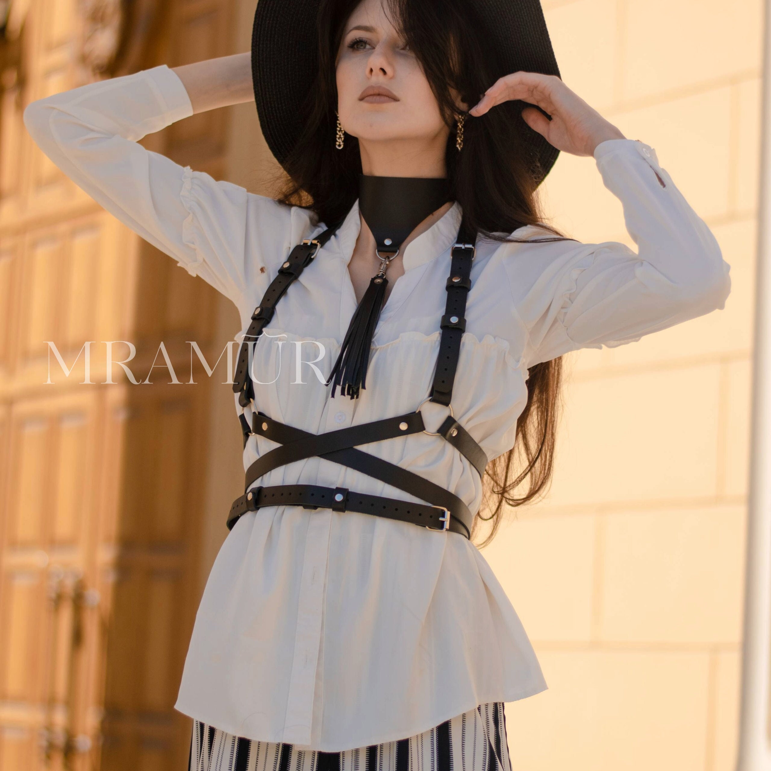 Waist harness with a long belt, genuine leather woman harness, transformer harness top, harness for women, harness belt waist