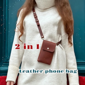 Borsa a tracolla in pelle per telefono, custodia per cellulare fatta a mano, piccolo portacellulare, mini portafoglio, accessori per cordino per donna