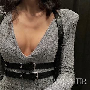 Genuine leather underbust harness with double chest belts, womens chest harness, leather harness for women, waist harness casual daily belt