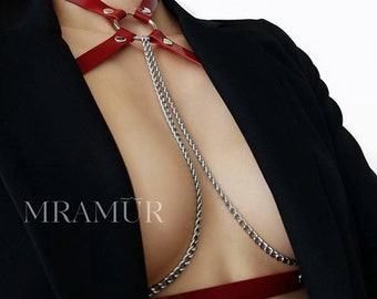 Chain harness for women, breast belt, thin harness, chest leather belt, chain neckline, clear top harness, daily everyday accessory