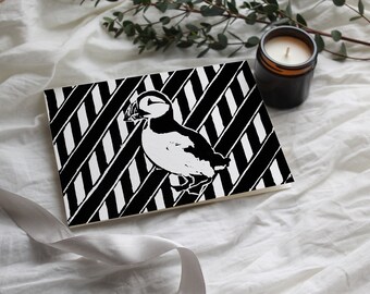 Linoprint Puffin & Stripes Greetings Card