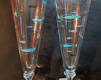 Authentic vintage 1950's atomic fish pattern geometric set of 2 highball glass glasses barware