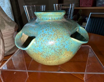 Authentic vintage 1950's-1960's small glass retro speckled green vase tri planter pot