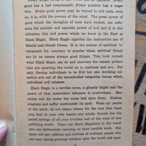 May include: A page from a book featuring a foreword with the heading FOREWORD and the page number 5 at the bottom. The text discusses the concept of Black Magic, describing it as a destructive use of mental and occult power, and warns of its influence on the world, urging readers to examine their own hearts and minds.