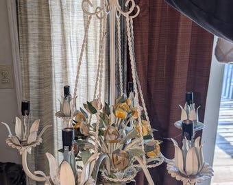 Antique 1930's art nouveau roses  ceiling chandelier hanging metal flowers light fixture