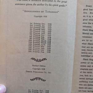 May include: A page from a vintage book featuring a dedication to a spirit guide, the name Appollonius of Tayaneus, and a detailed list of printing dates from 1936 to 1940. The text is printed in black ink on aged, light tan paper with decorative flourishes.