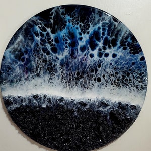 Pintura de arte oceânica de resina de praia preta, decoração de praia costeira, arte de parede de ondas oceânicas exclusivas, cena de praia de resina epóxi feita à mão