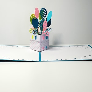Pop-upkaart met 3D-verjaardagsballons handgemaakt, pop-upverjaardagskaart, kaart om te verzenden, verjaardagskaart om te geven, kinderverjaardag