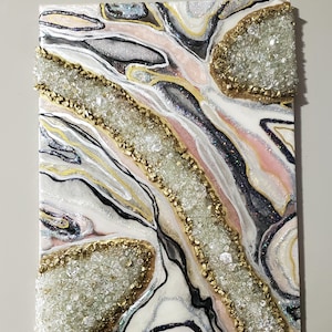 Sparkle Resin Geode Painting: White, Pink, and Fire Glass Art (18x24 inch)