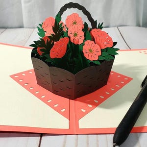 Biglietto pop-up con cesto di papaveri fatto a mano, biglietto pop-up con fiori, biglietto da inviare, biglietto di compleanno da regalare, biglietto per la festa della mamma
